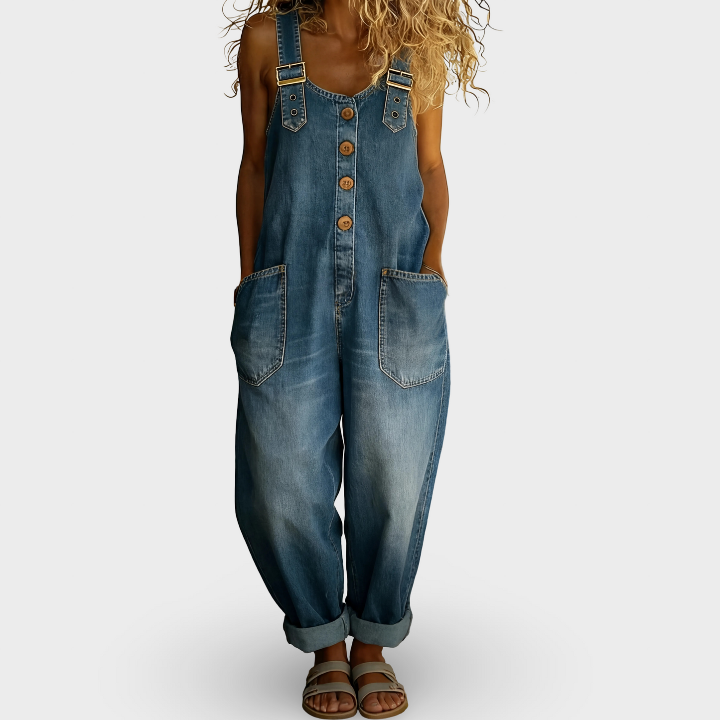 Rocio - Lahe denim kombinesoon reguleeritava klambriga