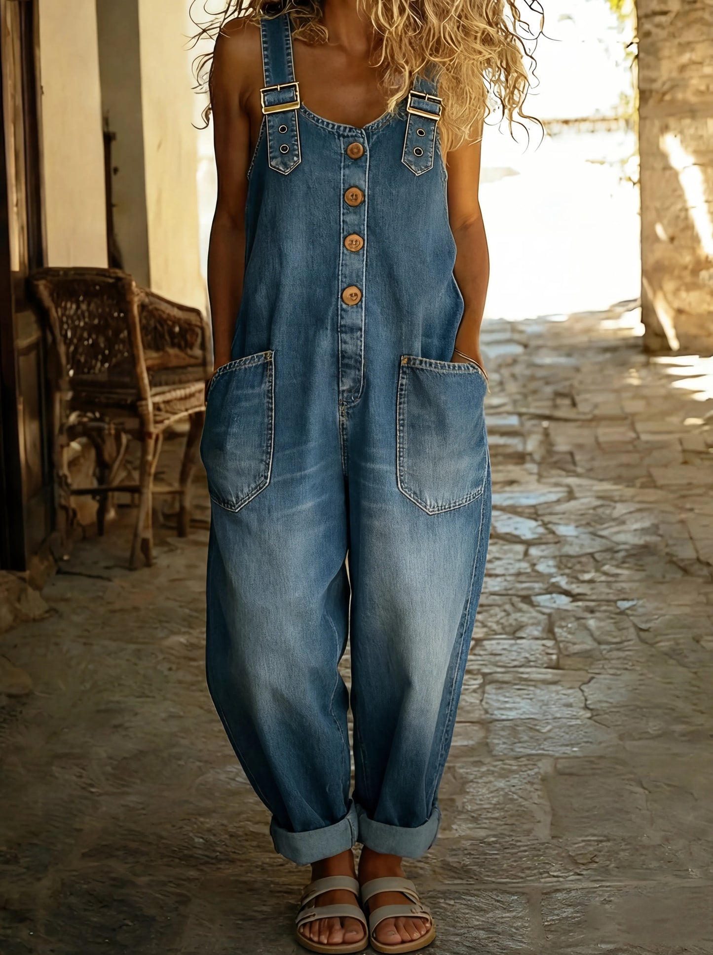 Rocio - Lahe denim kombinesoon reguleeritava klambriga