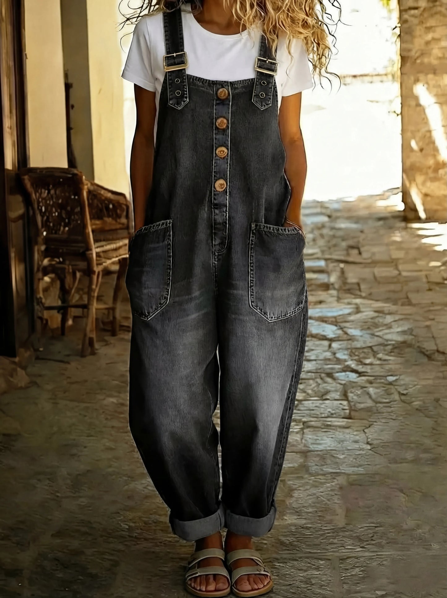 Rocio - Lahe denim kombinesoon reguleeritava klambriga