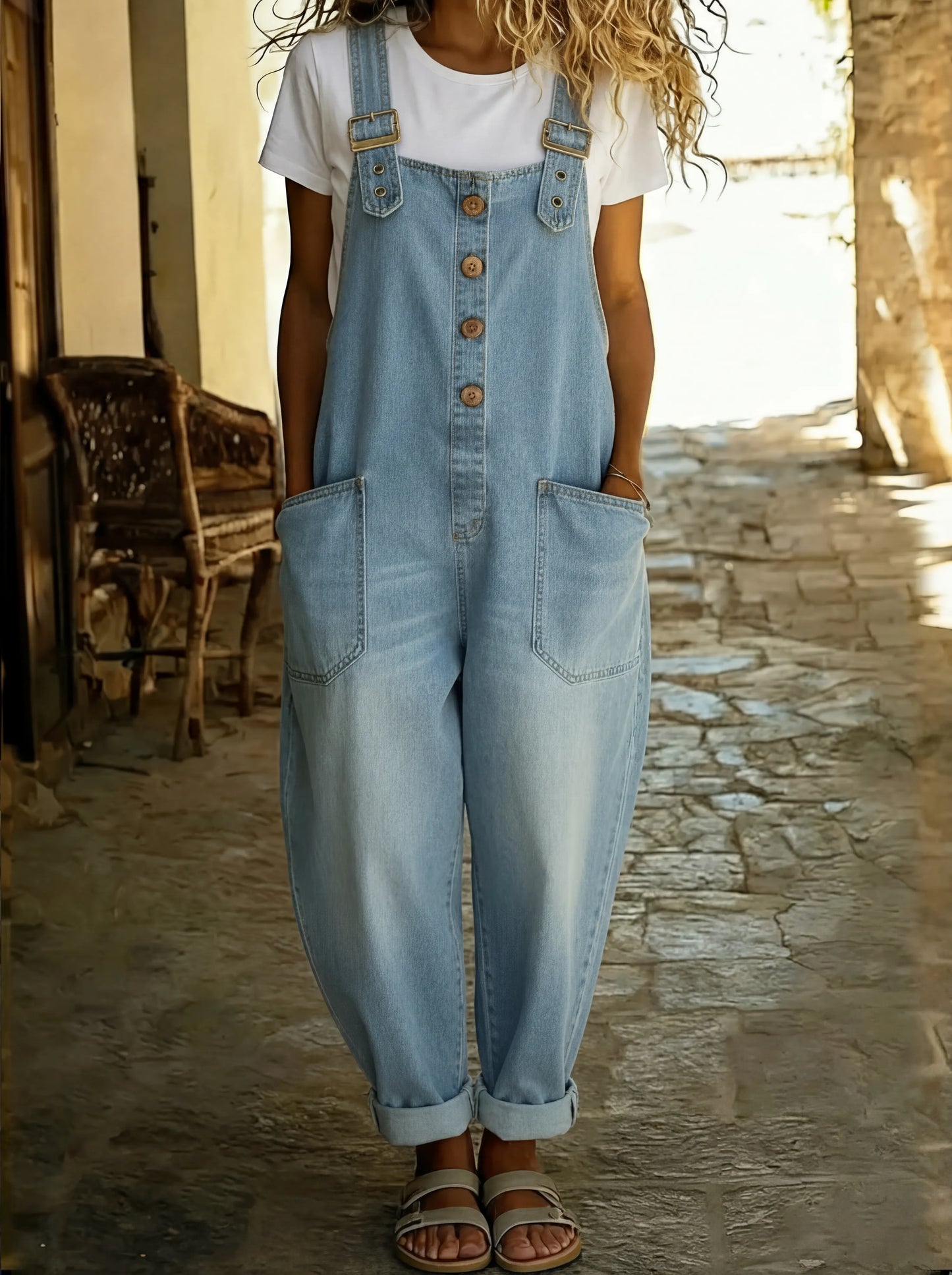 Rocio - Lahe denim kombinesoon reguleeritava klambriga