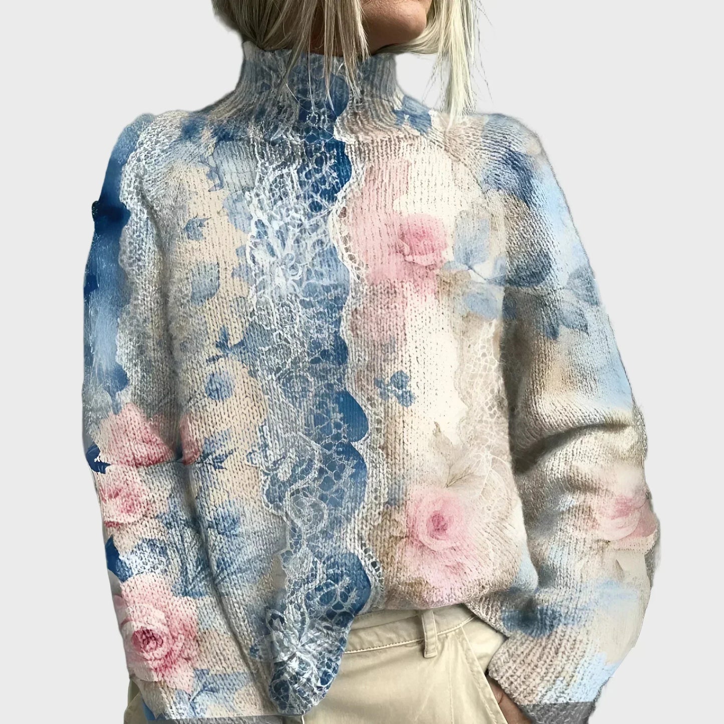 Salme | Kootud kõrge kaelusega kampsun elegantse lillemustriga